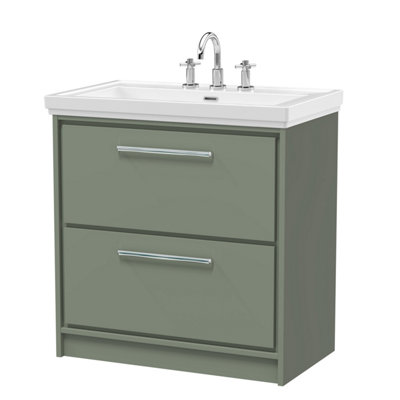 Balterley Longnor Modern Bathroom Floor Standing 2-Drawer Vanity Unit With Fireclay BasinFern Green800mm from B&Q