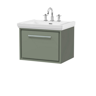 Balterley Longnor Modern Bathroom Wall Hung Single Drawer Vanity Unit With Fireclay BasinFern Green600mm from B&Q