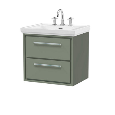 Balterley Longnor Modern Bathroom Wall Hung 2-Drawer Vanity Unit With Fireclay BasinFern Green600mm from B&Q