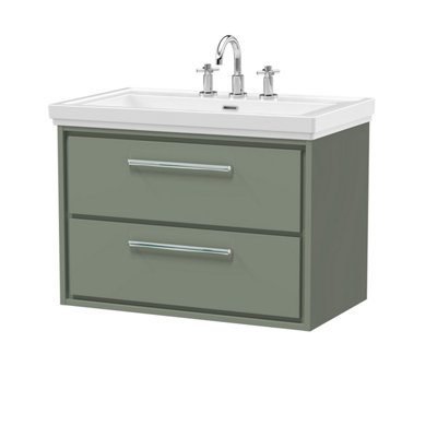 Balterley Longnor Modern Bathroom Wall Hung 2-Drawer Vanity Unit With Fireclay BasinFern Green800mm from B&Q