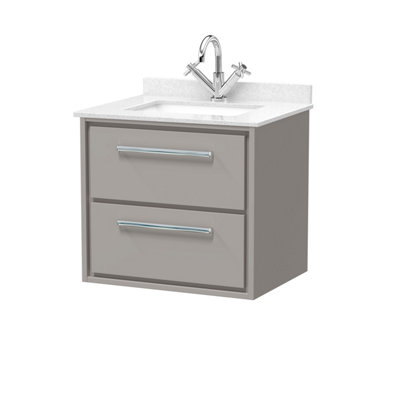 B&Q -  Longnor 600mm Wall Hung 2 Drawer Vanity With Marble Worktop BasinPebble Grey