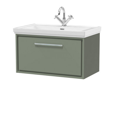 Balterley Longnor Modern Bathroom Wall Hung Single Drawer Vanity Unit With Fireclay BasinFern Green800mm from B&Q