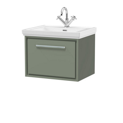 Balterley Longnor Modern Bathroom Wall Hung Single Drawer Vanity Unit With Fireclay BasinFern Green600mm from B&Q