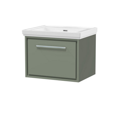 Balterley Longnor Modern Wall Hung Single Drawer Bathroom Vanity With Fireclay BasinFern Green600mm from B&Q