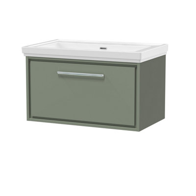 Balterley Longnor Modern Wall Hung Single Drawer Bathroom Vanity With Fireclay BasinFern Green800mm from B&Q