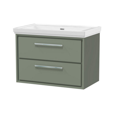 Balterley Longnor Modern Wall Hung 2-Drawer Bathroom Vanity With Fireclay BasinFern Green800mm from B&Q