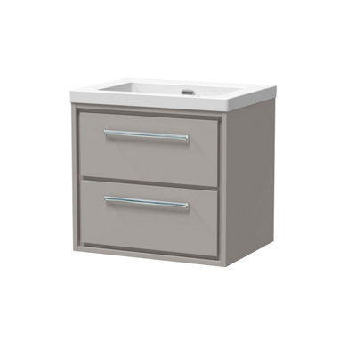 B&Q -  Longnor Modern Bathroom 2 Soft Close Drawer Wall Hung Vanity Unit Fireclay BasinPebble Grey600mm