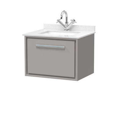 Balterley Grey 600Mm Wall Hung Single Drawer Vanity With Marble Worktop Basin - Pebble