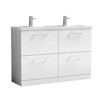 B&Q -  Level 1200mm Floor Standing 4 Drawer Vanity Unit With Double BasinHandles & Overflow For Bathroom Storage Gloss White