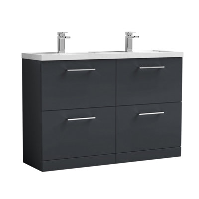 B&Q -  Level 1200mm Floor Standing 4 Drawer Vanity Unit With Double Polymarble Basin For Modern Bathroom StorageDark Grey