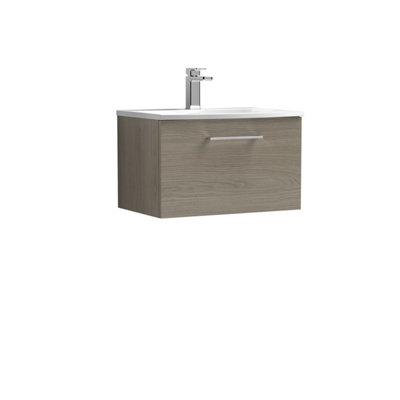 B&Q -   Modern Bathroom Wall Hung 1-Drawer Vanity & Curved BasinSolace Oak600mm