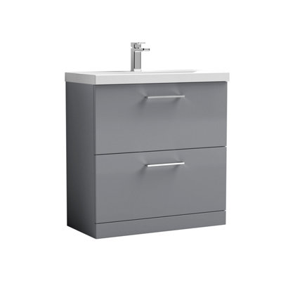 B&Q -   Contemporary Bathroom 2 Soft Close Drawer & Thin-Edge Floor Standing Vanity Unit BasinSatin Grey800mm