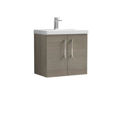 Balterley Level Modern Bathroom Wall Hung Door Vanity & Mid-Edge Ceramic Basin, Solace Oak, 600Mm Size 2