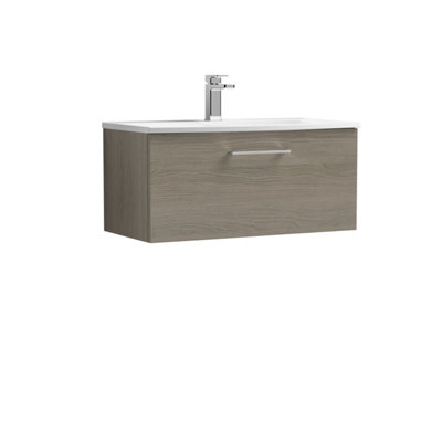 Balterley Level Modern Bathroom Wall Hung 1-Drawer Vanity & Curved Basin, Solace Oak, 800Mm Size 1
