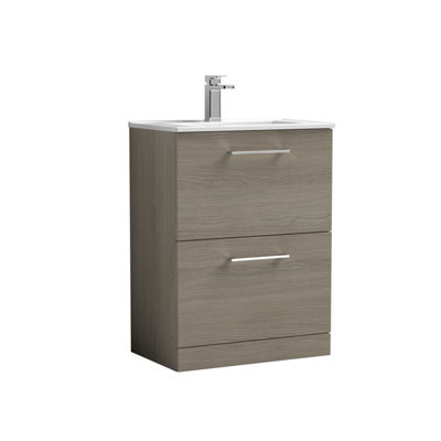 B&Q -   Contemporary Bathroom 2 Soft Close Drawer & Minimalist Floor Standing Vanity Unit BasinSolace Oak600mm