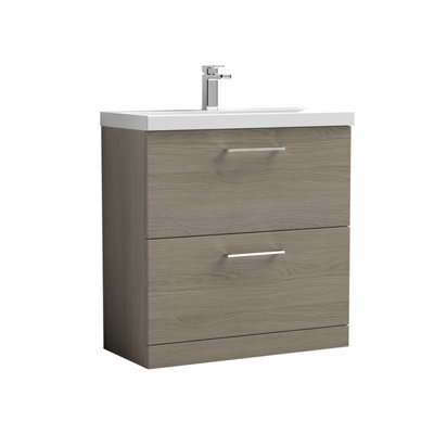 B&Q -  Contemporary Bathroom Floor Standing 2-Drawer Vanity Unit & Mid-Edge Ceramic BasinSolace Oak800 mm