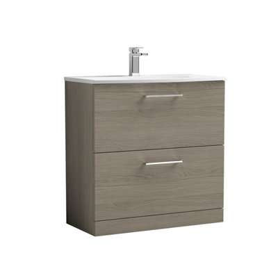 B&Q -   Modern Bathroom Floor Standing 2-Drawer Vanity & Curved BasinSolace Oak800mm