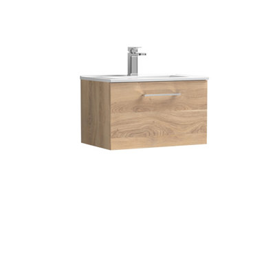 B&Q -   Contemporary Bathroom 1 Soft Close Drawer & Minimalist Wall Hung Vanity Unit BasinBleached Oak600mm