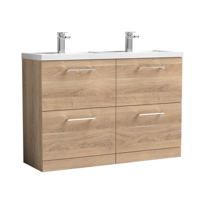 B&Q -  Bramshall 1200mm Floor Standing 4 Drawer Vanity Unit & Double Basin For Modern Bathroom StorageBleached Oak