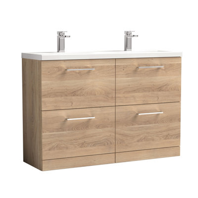 B&Q -  Bramshall 1200mm Floor Standing 4 Drawer Vanity Unit With Double Basin For Modern Bathroom StorageBleached Oak