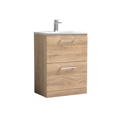 B&Q -   Modern Bathroom Floor Standing 2-Drawer Vanity & BasinBleached Oak600mm