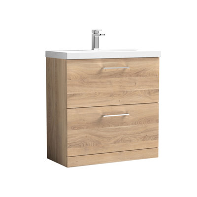 B&Q -  Contemporary Bathroom Floor Standing 2 Soft-Close Drawer Vanity Unit & Mid-Edge Ceramic BasinBleached Oak800 mm