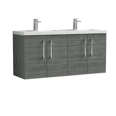 Balterley Level 1200mm Wall Hung 4 Door Vanity Unit & Double Polymarble Basin For Modern Bathroom StorageAnthracite Woodgrain