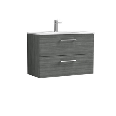 B&Q -   Contemporary Bathroom 2 Soft Close Drawer & Minimalist Wall Hung Vanity Unit BasinAnthracite Woodgrain800mm