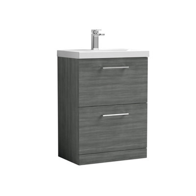 B&Q -  Contemporary Bathroom Floor Standing 2 Soft-Close Drawer Vanity Unit & Mid-Edge Ceramic BasinAnthracite600 mm