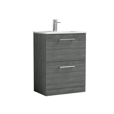 B&Q -   Contemporary Bathroom 2 Soft Close Drawer & Minimalist Floor Standing Vanity Unit BasinAnthracite600mm