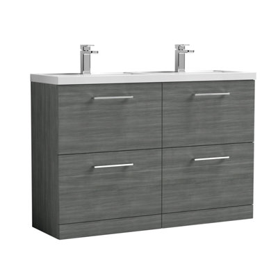 B&Q -  Level 1205mm Floor Standing 4 Drawer Vanity Unit With Double Basin For Modern Bathroom StorageAnthracite Woodgrain