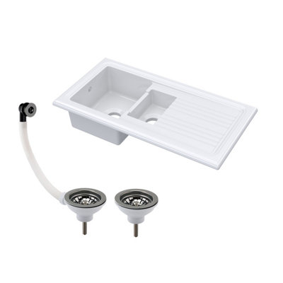 Balterley Unisex White 1.5 Bowl Fireclay Inset Sink & Drainer & Pewter Wastes 101Cm - Image 3