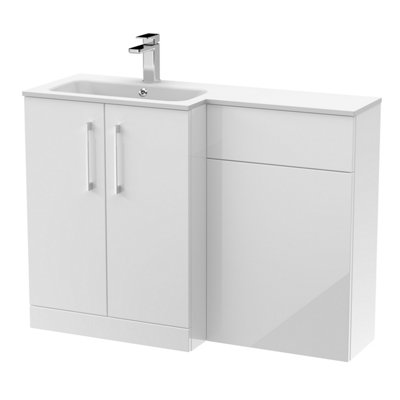 B&Q -  Bramshall Contemporary 2 Door Left-Hand Floor Standing Combination Unit With Stone BasinGloss White1100mm