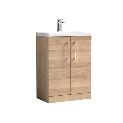 B&Q -  Bramshall Compact 600mm 2 Door Bleached Oak Floor Standing Vanity Unit With Basin