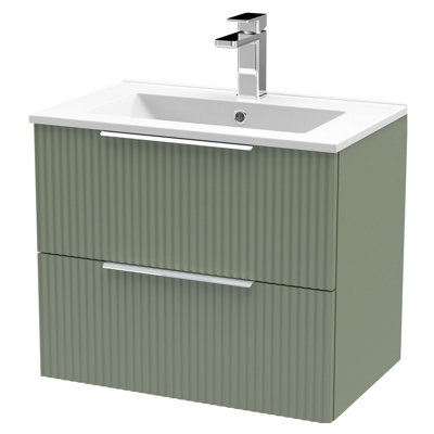 Balterley Tixall Fluted 2 Drawer Wall Hung Vanity Unit With Minimalist BasinSatin Green600mm from B&Q