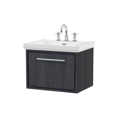 Balterley Longnor 1 Drawer Wall Hung Vanity Unit With 3 Tap Hole Traditional Fireclay BasinWoodgrain Graphite Grey600mm from B&Q