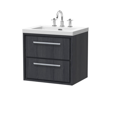 Balterley Longnor 2 Drawer Wall Hung Vanity Unit With 3 Tap Hole Modern Fireclay BasinWoodgrain Graphite Grey600mm from B&Q