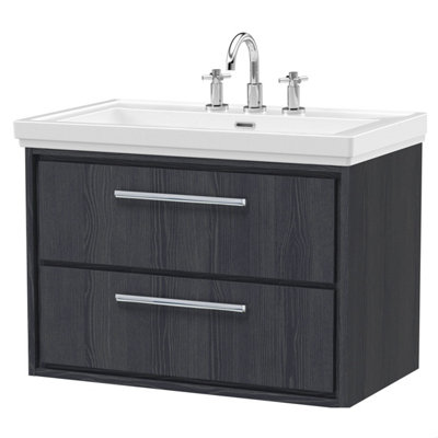Balterley Longnor 2 Drawer Wall Hung Vanity Unit With 3 Tap Hole Traditional Fireclay BasinWoodgrain Graphite Grey800mm from B&Q