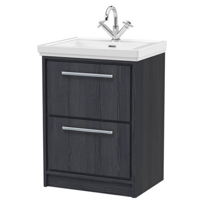 B&Q -  Longnor 2 Drawer Floor Standing Vanity Unit With 1 Tap Hole Traditional Fireclay BasinWoodgrain Graphite Grey600mm