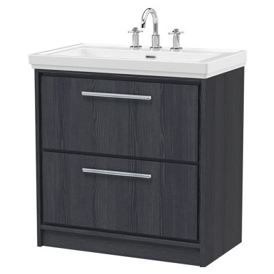 B&Q -  Longnor 2 Drawer Floor Standing Vanity Unit With 3 Tap Hole Traditional Fireclay BasinWoodgrain Graphite Grey800mm