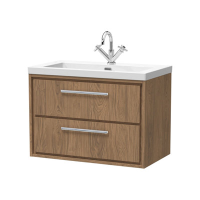 B&Q -  Longnor 2 Drawer Wall Hung Vanity Unit With 1 Tap Hole Modern Fireclay BasinAntique Oak800mm