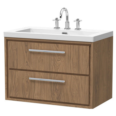 Balterley Longnor 2 Drawer Wall Hung Vanity Unit With 3 Tap Hole Modern Fireclay BasinAntique Oak800mm from B&Q