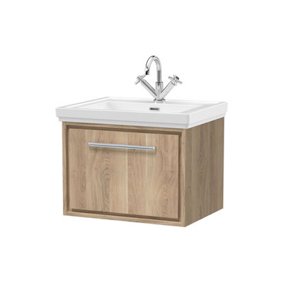 Balterley Longnor 1 Drawer Wall Hung Vanity Unit With 1 Tap Hole Traditional Fireclay BasinLight Oak600mm from B&Q