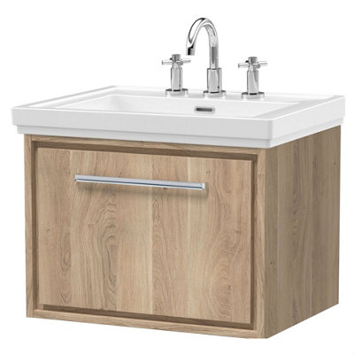 Balterley Longnor 1 Drawer Wall Hung Vanity Unit With 3 Tap Hole Traditional Fireclay BasinLight Oak600mm from B&Q