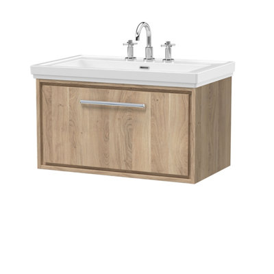 Balterley Longnor 1 Drawer Wall Hung Vanity Unit With 3 Tap Hole Traditional Fireclay BasinLight Oak800mm from B&Q