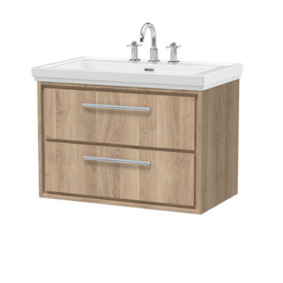 B&Q -  Longnor 2 Drawer Wall Hung Vanity Unit With 3 Tap Hole Traditional Fireclay BasinLight Oak800mm