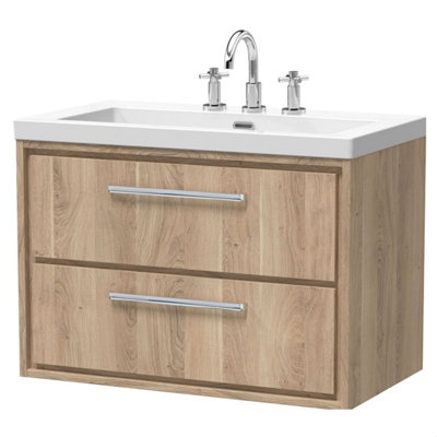 B&Q -  Longnor 2 Drawer Wall Hung Vanity Unit With 3 Tap Hole Modern Fireclay BasinLight Oak800mm