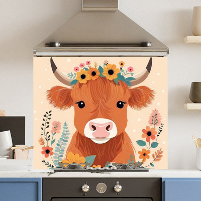 Choose Your Print Premium 74.5 X 59.5Cm Floral Cow 6mm Glass Toughened Kitchen Splashback from B&Q