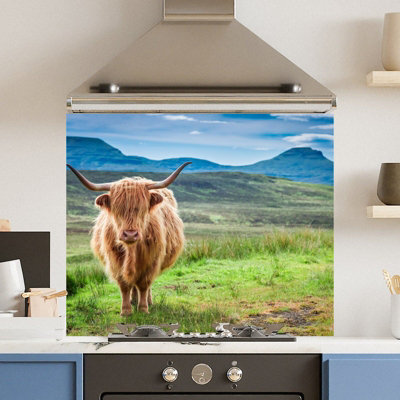 Choose Your Print Premium 74.5 X 59.5Cm Green Highland Cow 6mm Glass Toughened Kitchen Splashback from B&Q