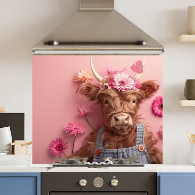 Choose Your Print Premium 74.5 X 59.5Cm Pink Floral Cow 6mm Glass Toughened Kitchen Splashback from B&Q